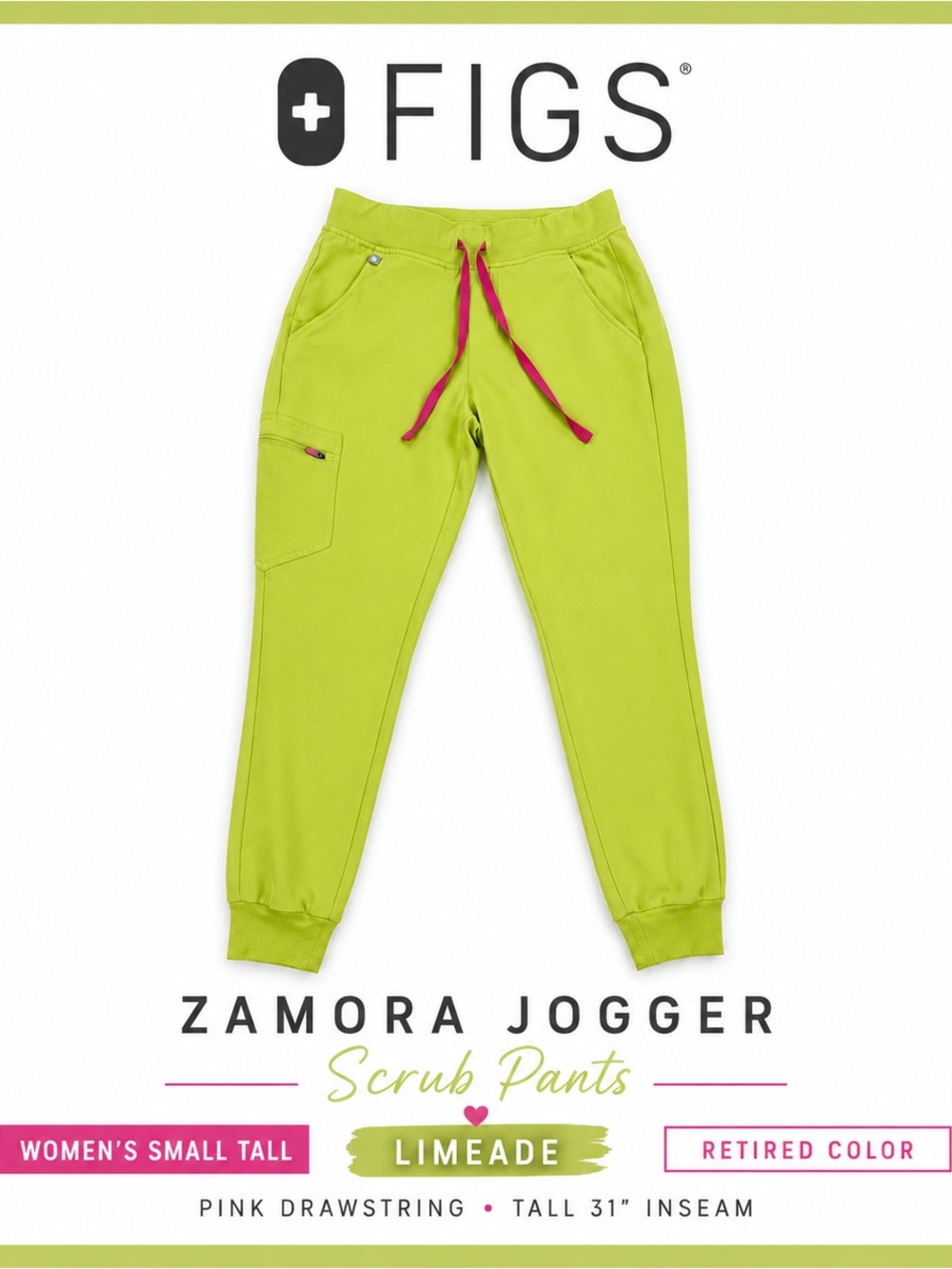 FIGS Zamora Jogger Scrub Pant Women’s Small Tall Limeade Pink Drawstring Retired